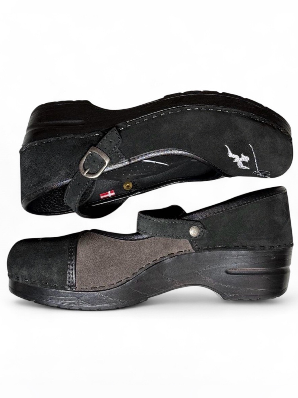 Sanita Danish Clogs Black Brown Suede Patchwork Embroidered Bird Mary Jane Sz 39 - Picture 2 of 8